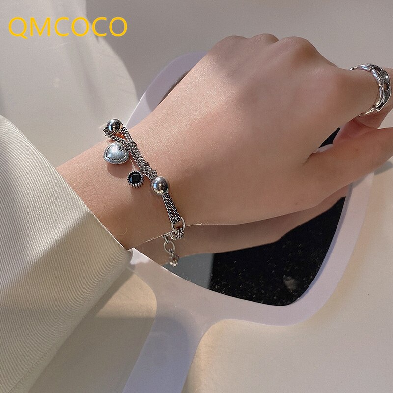 QMCOCO braccialetti a catena di Design creativo di colore argento per le donne New Fashion Punk Vintage LOVE Heart Pendant regali per gioielli da festa