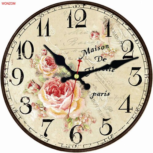 Reloj de pared redondo de madera con de flores y flores, reloj de pared redondo decorativo con de números arábigos, sin tic-tac, grande, para dormitorios y baño: 13351 / 14inch(34CM)