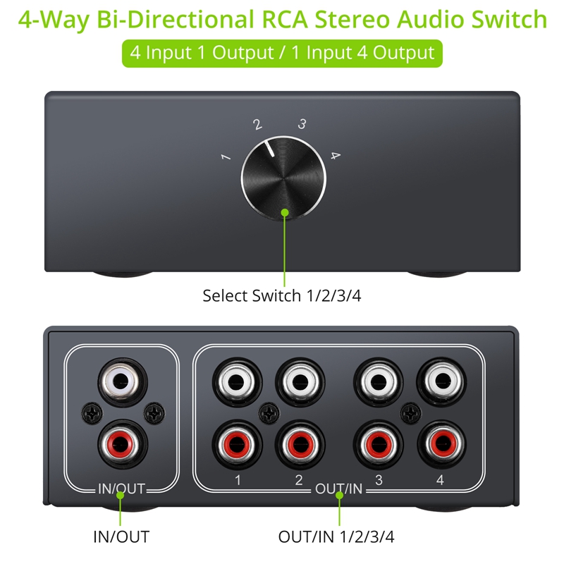 4 Way Bi-Directional RCA Stereo Audio Switch 1 in 4 Out or 4 in 1 Out L/R Jack Sound Channel RCA Audio Switcher Selector
