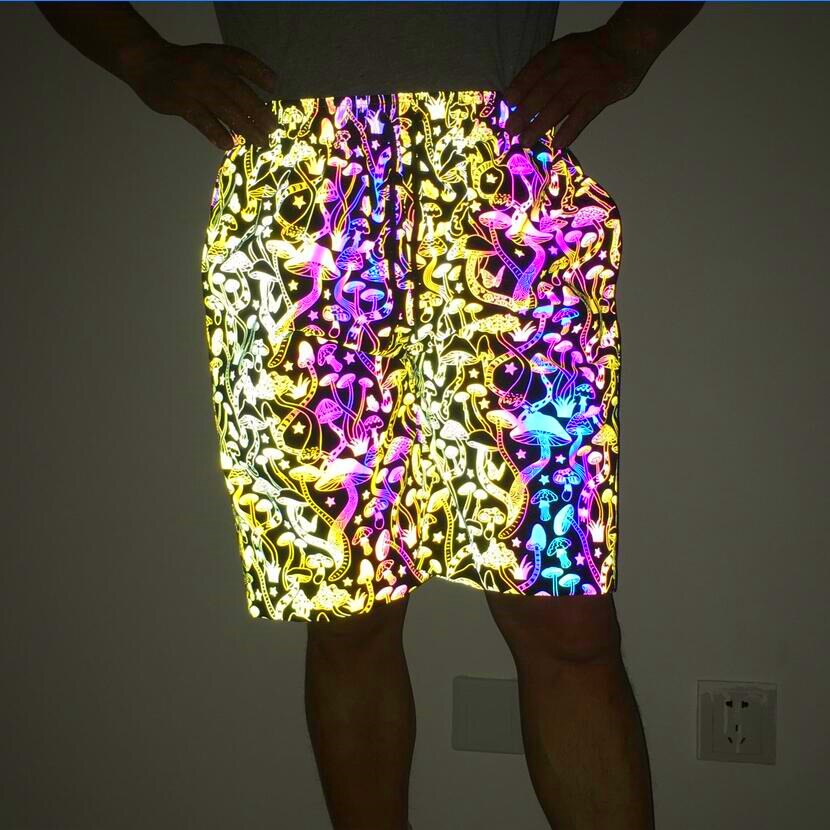 Sommer mænd farverige svampe reflekterende shorts nat lys hip hop korte homme harajuku afspejler afslappet korte bukser bermuda: M
