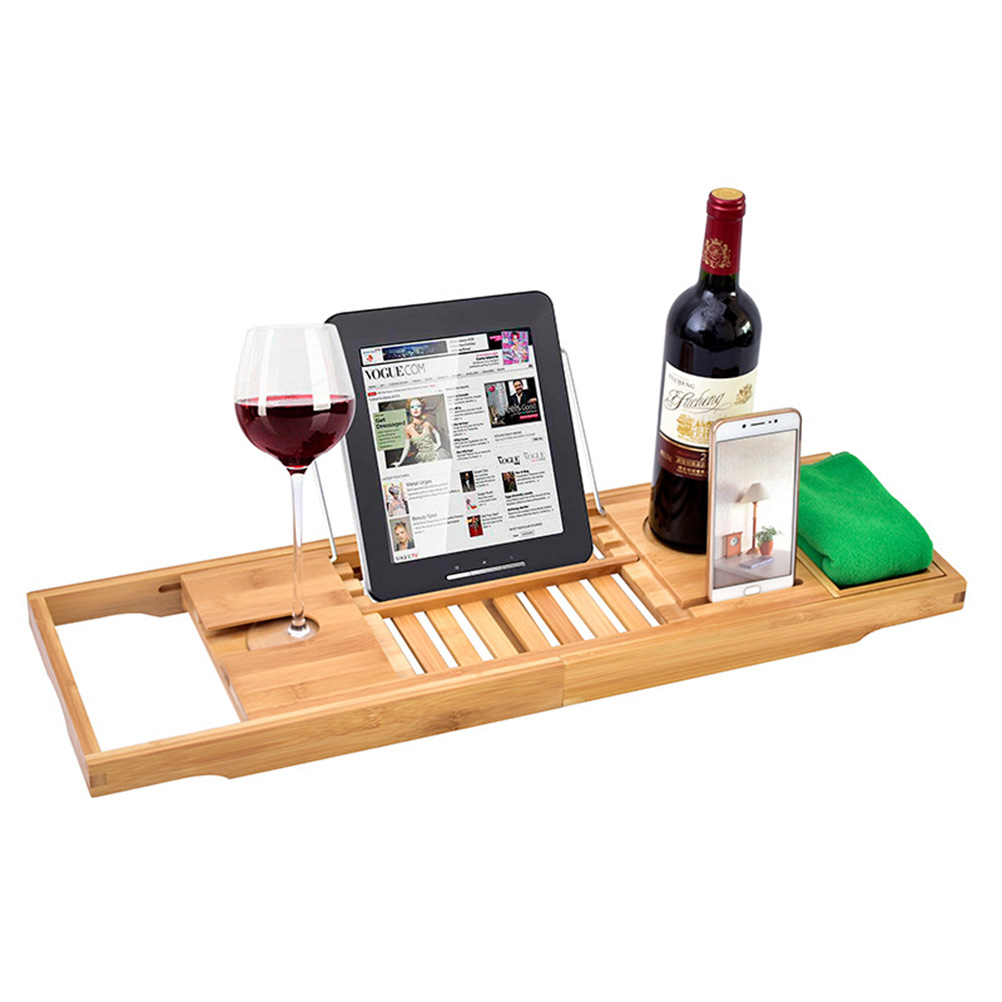 Bamboo Bathtub Tray with Extending Sides Reading Rack Tablet Holder Cellphone Tray and Wine Glass Holder Luxury in the Bath A30