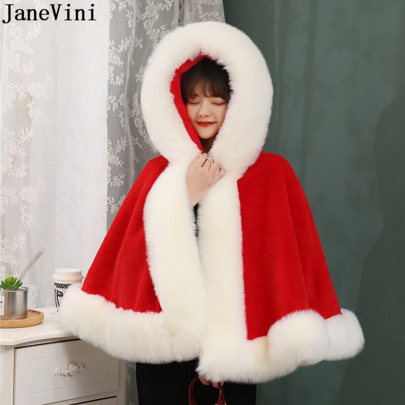 JaneVini bianco rosso pelliccia sintetica avvolgere da sposa inverno matrimonio donna scialle con cappuccio stola di pelliccia coprispalle mantello soprasse Fourrure Blanche Mariage