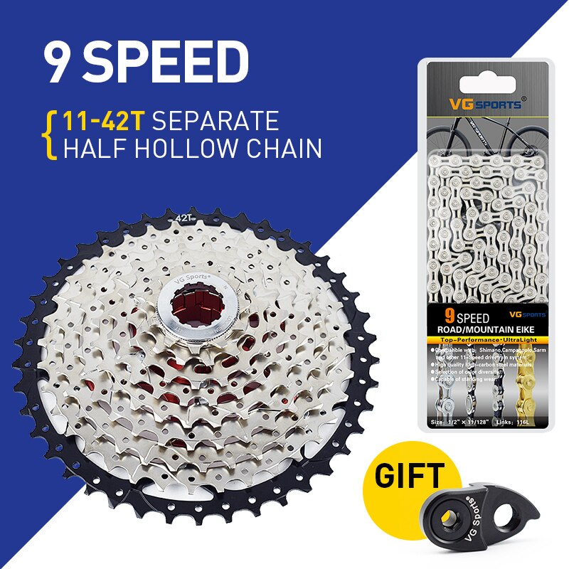 VG Sports 9 Speed Bicycle Chain Half/Full Hollow 116L Titanium Gold Silver Color with MissingLink MTB Mountain Road Bike Chains: 9 Speed 11-42T set