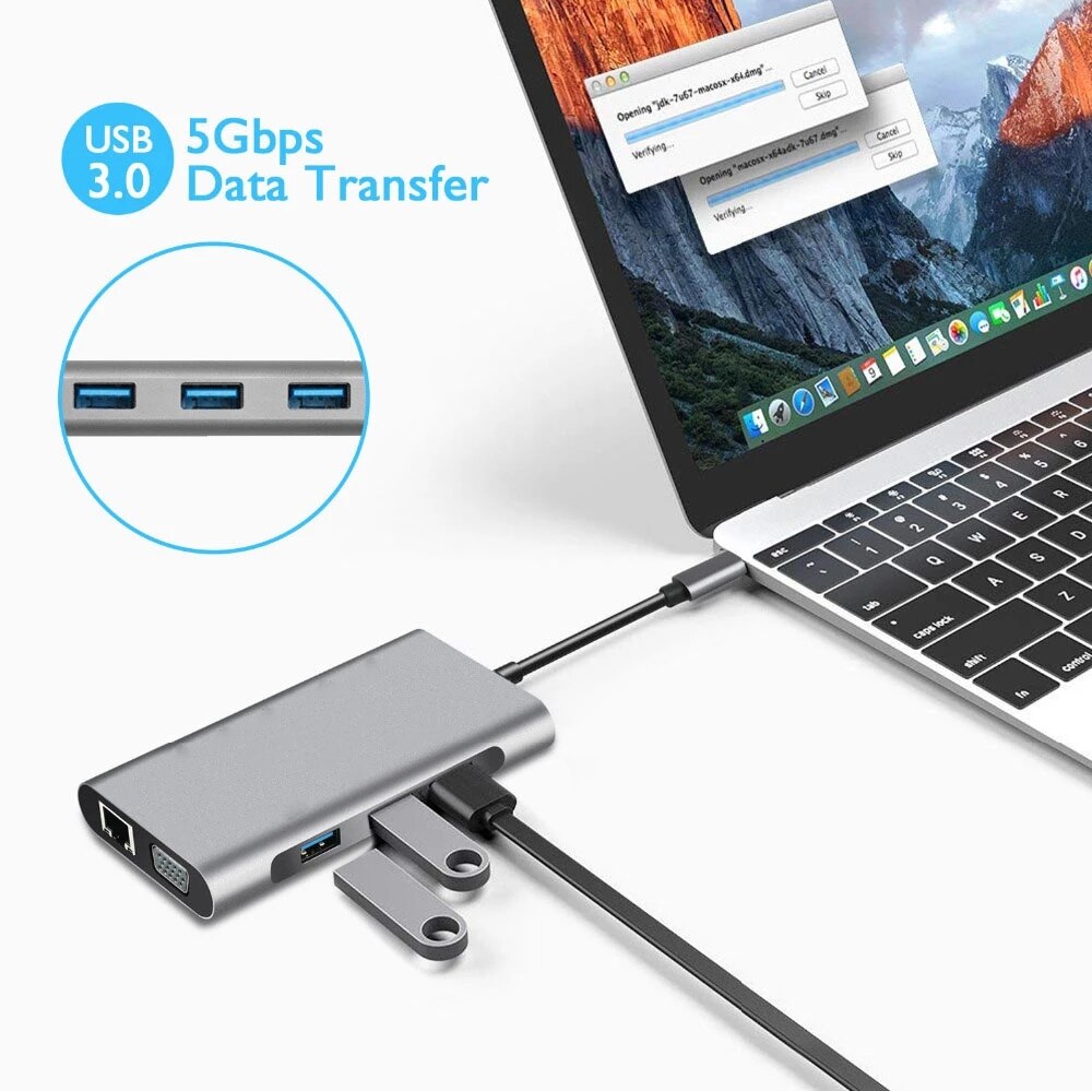 USB C Hub Docking Bahnhof 10 in 1 Typ C Adapter zu USB 3,0 4K HDMI-kompatibel VGA RJ45 Konverter für Macbook Profi Huawei Samsung