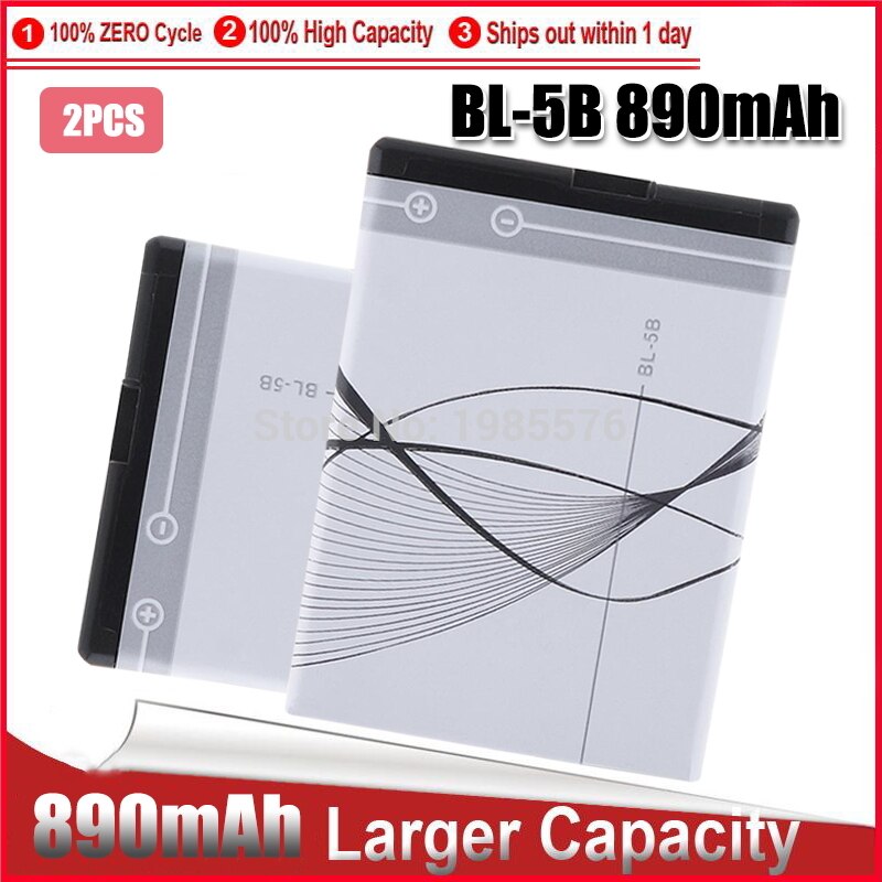 890Mah BL-5B Bl 5B Hoge Capaciteit Batterij Voor Nokia 3220 3230 5140 5140i 5200 5300 5500 6020 6021 6060 N83 N90 BL-5B Batterij: 2pcs