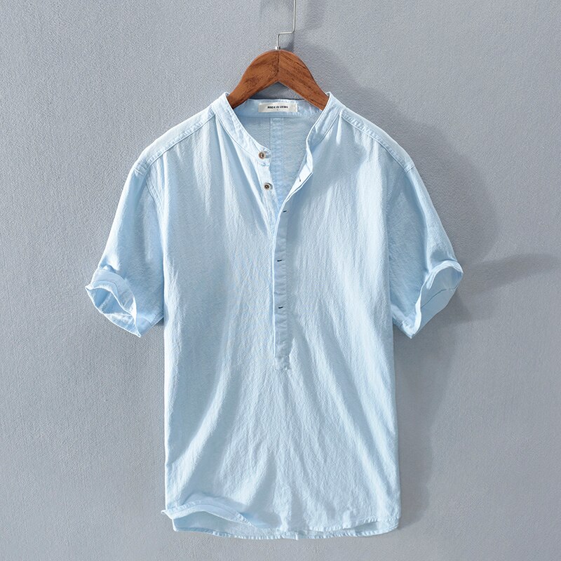 Chemise d'été à manches courtes pour homme, top bleu, respirant, solide et doux, RC210, collection: Bleu / XL (65-70)kg