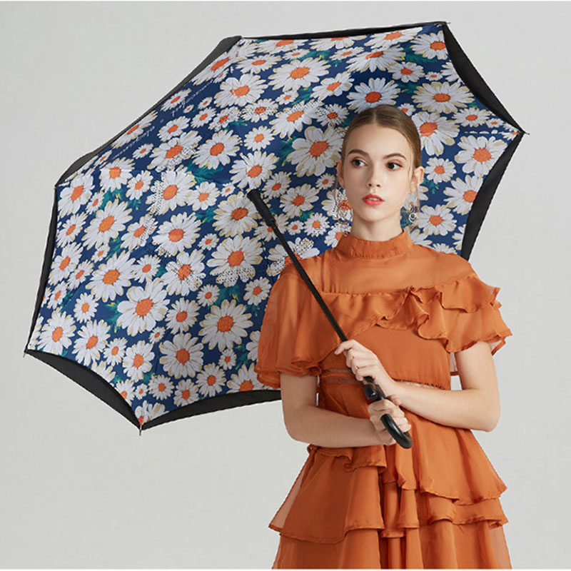C-krog håndtag omvendt paraply dobbeltlag uv beskyttelse vindtæt bil paraply til kvinde semi-auto omvendt paraply mænd: Daisy