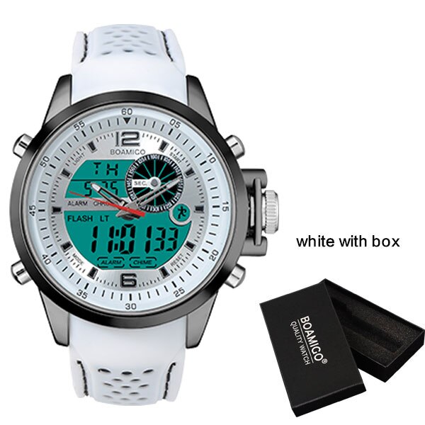 Boamigo Mannen Sport Horloges Wit Multifunctionele Led Digitale Analoge Quartz Horloges Rubber Band 30 M Waterdicht: white with box