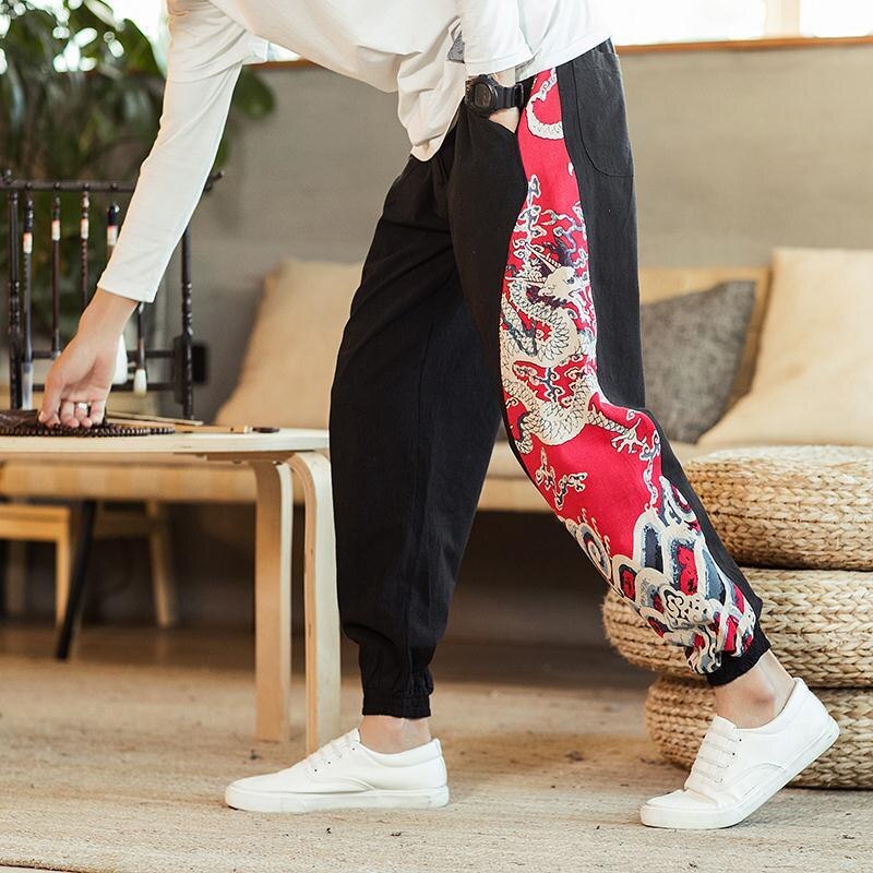 Jogger kinesisk stil print syning ni point bukser harem bukser forår mænds løse afslappede bukser personlighed tidevand: M / Sort