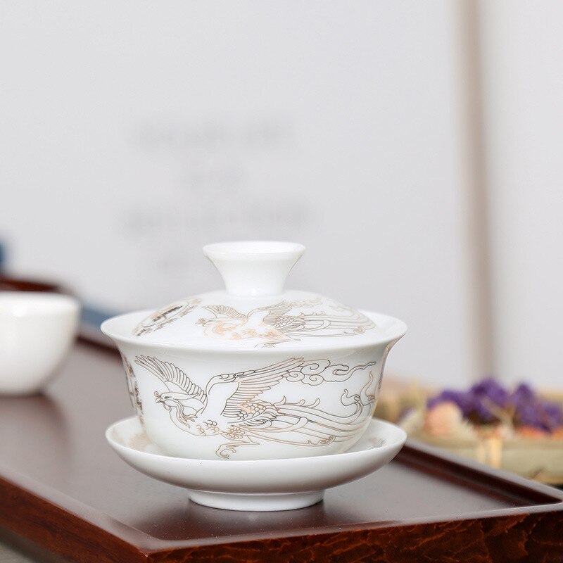 Exquisite Gaiwan tea set,Chinese traditional flower and bird pattern teacup,porcelain teapot tea set for travel easy kettle
