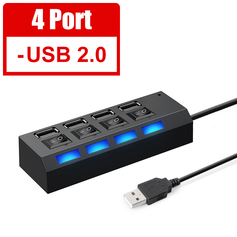 Multi Usb Hub 2.0 Mini Hub Usb Splitter 4/7 Usb-poorten Met Aan/Uit Schakelaar Hab Ondersteuning Power Hoge speed Pc Computer Accessoires: Black 4 Ports