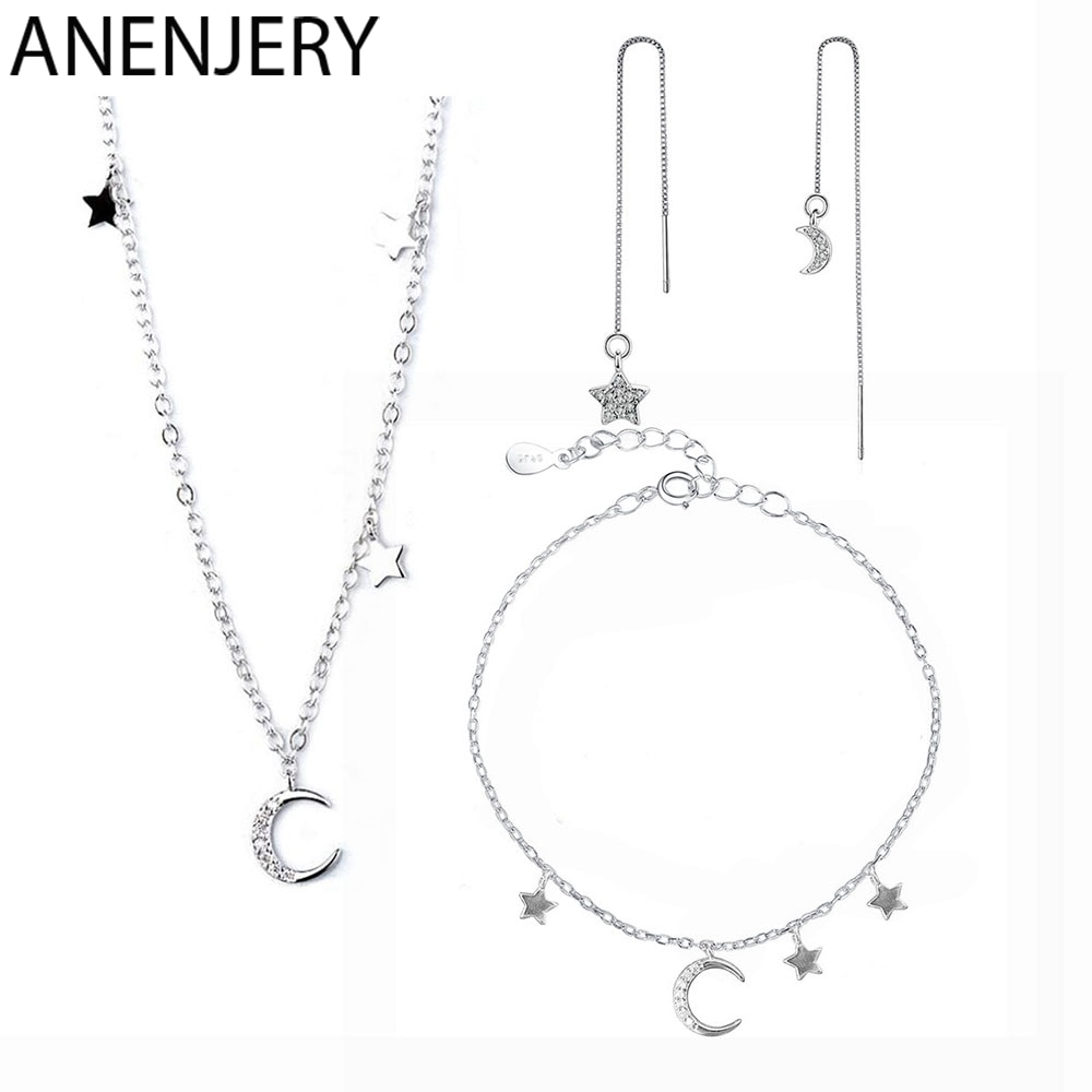 Anenjery S925 sello de Color plateado Micro circón Luna estrella Collar corto + pulsera + pendientes juegos de joyas para mujer Niña