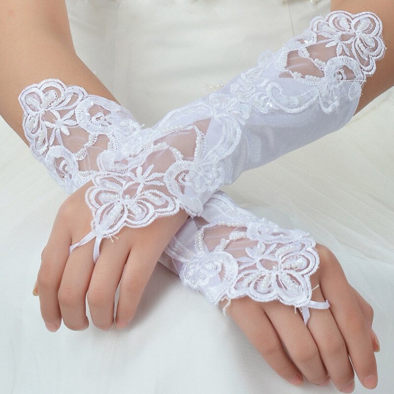 Gants de mariage pour mariée perle multicolore satin sans doigts mariée gants de mariage coude spot applique mariage perlé: WHITE