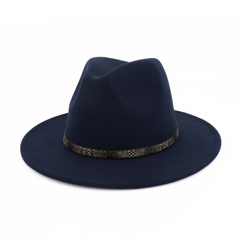 QBHAT femmes hommes à large bord laine feutre chapeau disquette Jazz casquette Panama Fedora chapeaux avec serpent Grain cuir Trilby QB57: navy