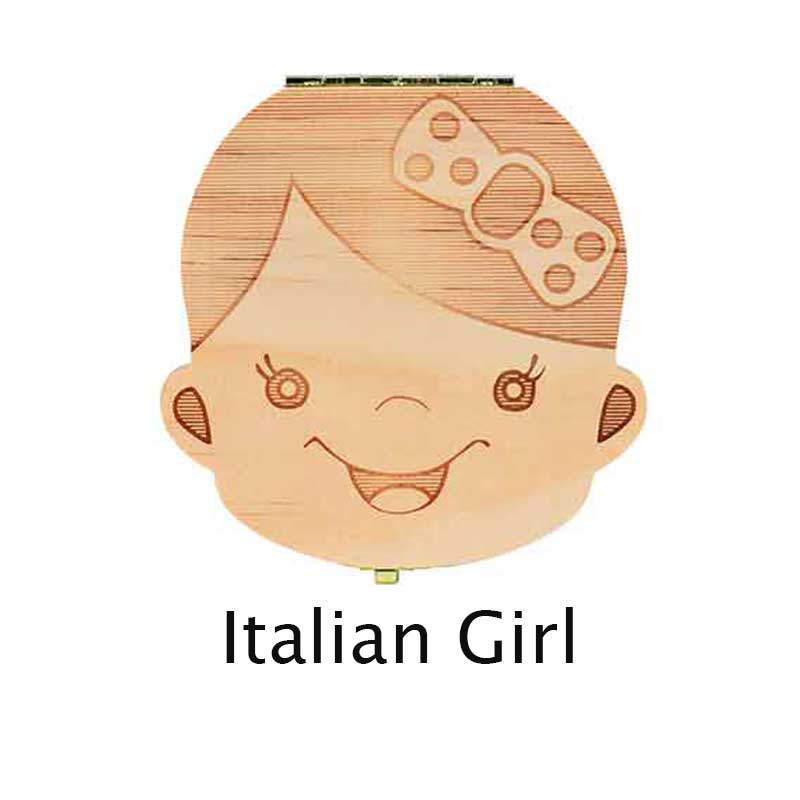Tandendoosje spaans/engels/frans/russisch houten tandendoos organizer bewaar melktanden houten opslag tanden verzamelen: Italiaans meisje