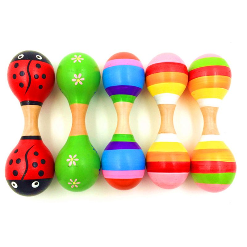 Double tête colorée en bois Maracas bébé enfant Instrument de musique hochet Shaker pour jouet de fête 634F
