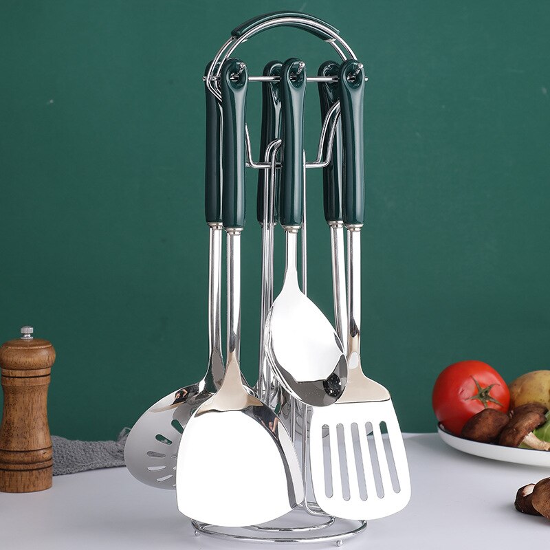 7PC Cookware Kitchenware Set Non-stick Luxury Stainless Steel Ceramic Handle Cooking Utensils Kitchen Tools Accessories: 7pcs Green silver