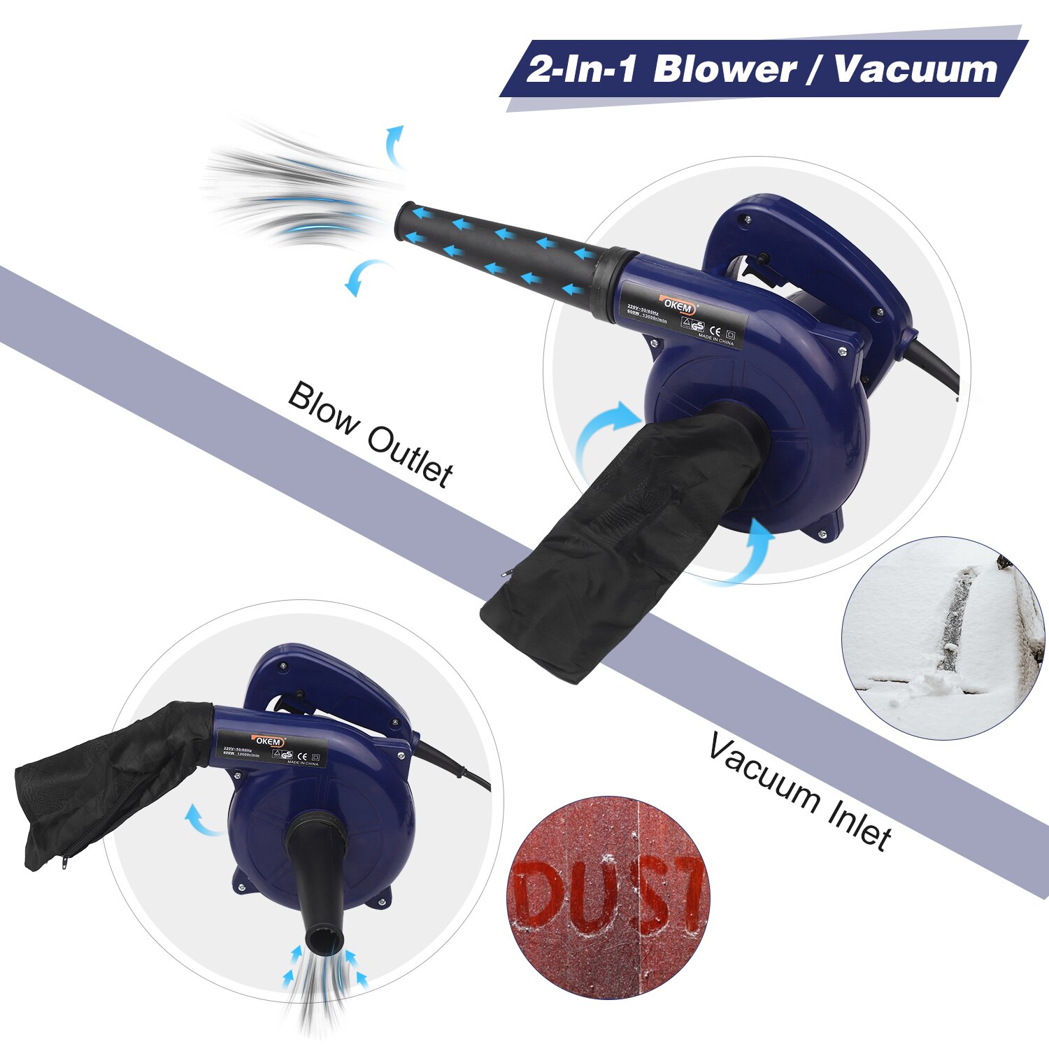 Electric Leaf Blower Corded 3-in-1 Yard Blower Vacuum 600W Powerful Vacuum Cleaner for Car Portable Air Pump for Inflatables