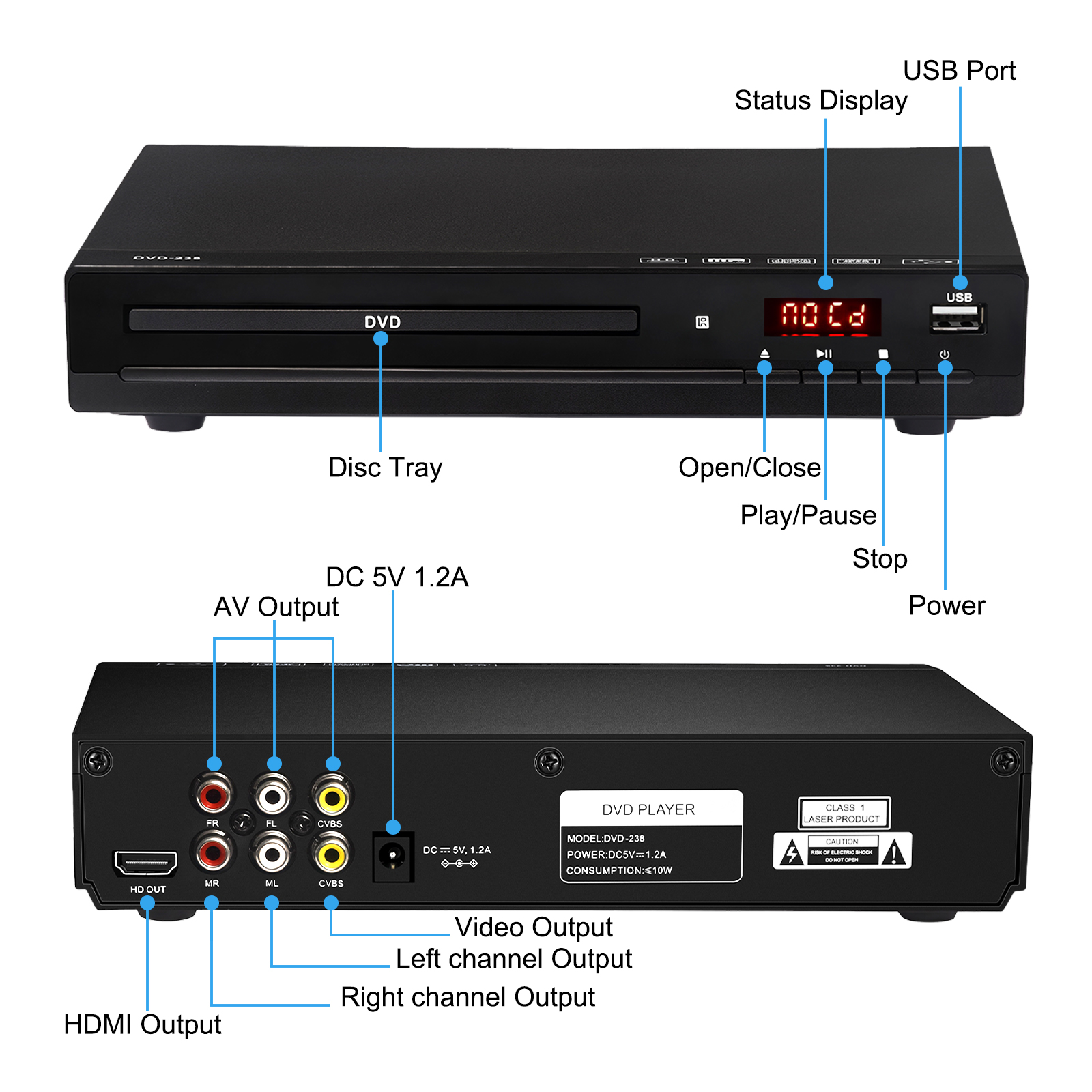 Reproductor de DVD WOOPKER M238 HD 1080P reproductor de discos con Control remoto compatible con USB MP3 MP4 reproductor de DVD en casa para proyectores de TV ordenador