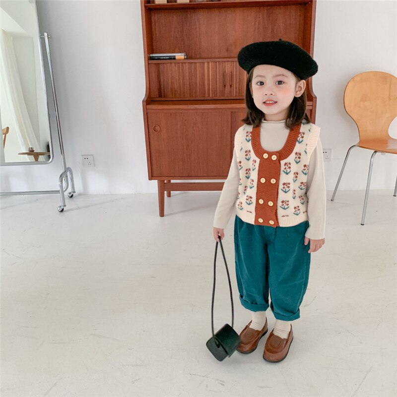 Populær koreansk babypiger retro vest blomst strikket cardigan børn dobbeltradet sweater vest
