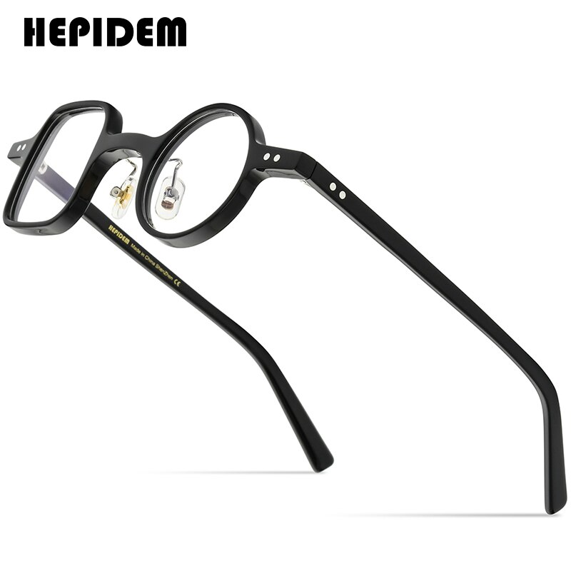 HEPIDEM Acetate Glasses Frame Men Retro Vintage Left Square Right Round Eyeglasses Myopia Optical Spectacles Eyewear 9155: black