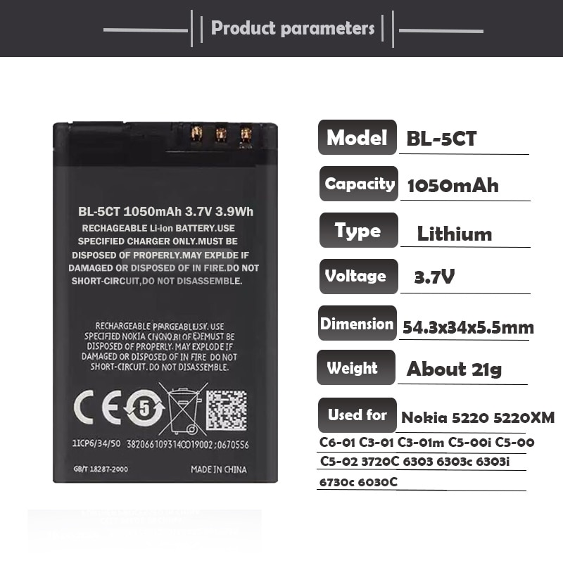 3.7v 1050 mah bl -5ct bl5ct genopladeligt telefonbatteri til nokia 3720 5220 5220xm 6303i 6750 6330 6303i c5 c5-02 c5-00i c5-00