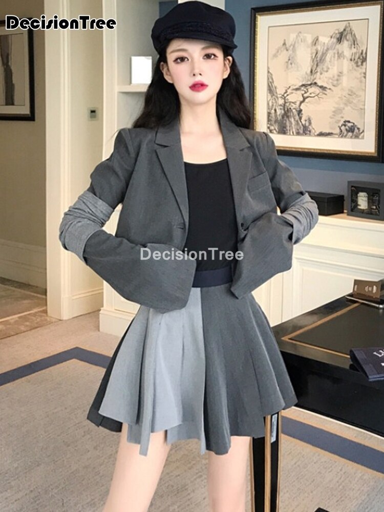 2022 japanese school uniform suit patchwork pleated dress student grey sull sleeve suit coat women jk uniforms set short skirtsl