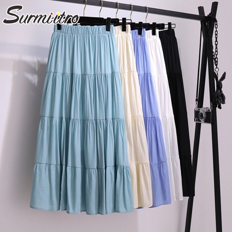 SURMIITRO Korean Style Long Skirt Women For Spring Summer Blue White Black High Waist Sun School Midi Pleated Skirt Female