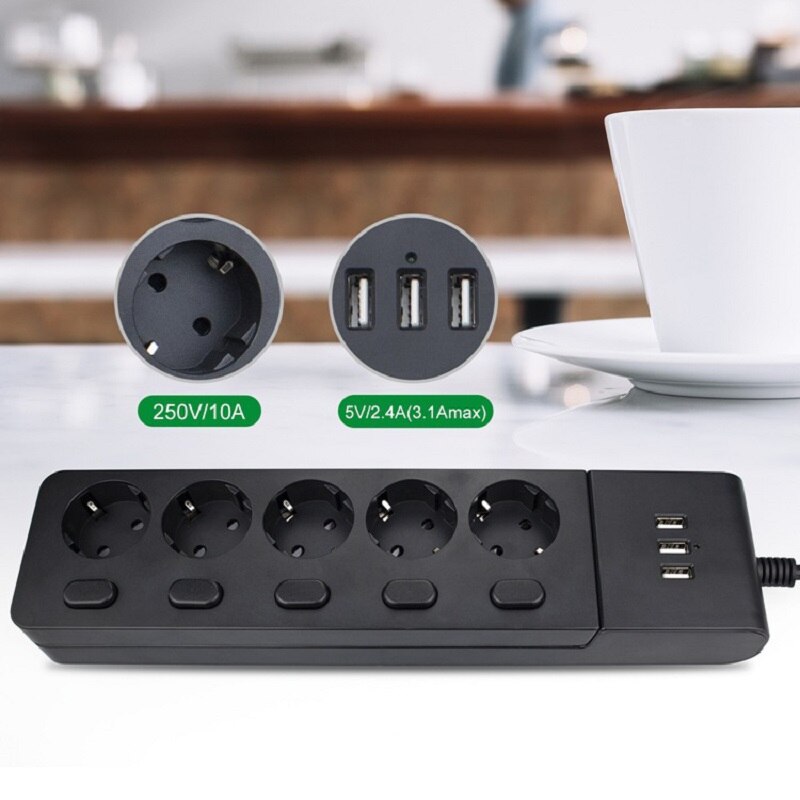 Multiple Power Strip Surge Protection EU Plug Electrical Extension Sockets USB 5 way Outlets Independent Switch Control 2m Cord