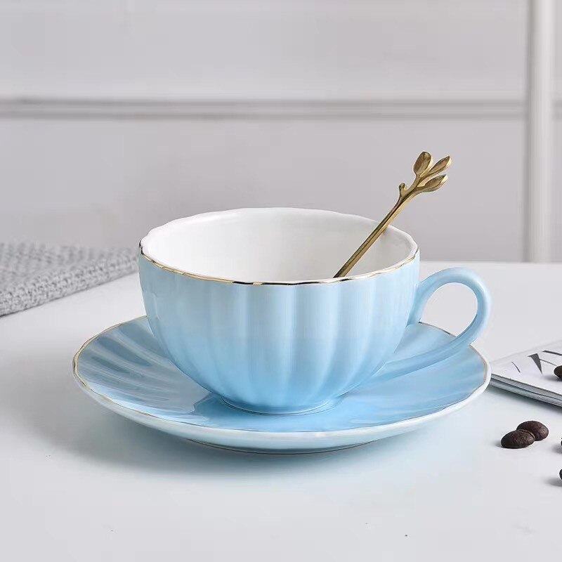 Europæisk phnom penh keramisk kaffekop med underkop og ske te kop simpel mælkekop cappuccino latte kop drinkware: Blå