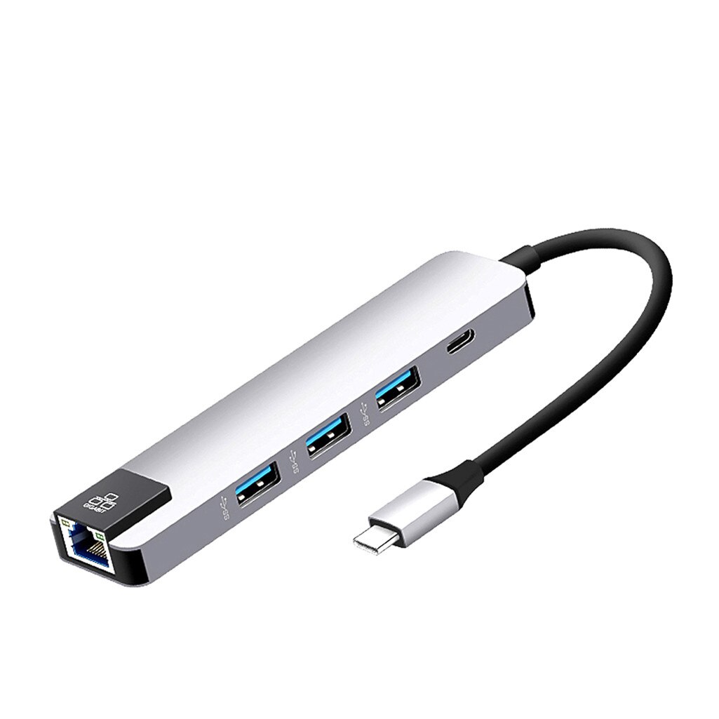 Varme -5 i 1 usb type c hub 4k hdmi usb splitter gigabit ethernet  rj45 lan adapter til macbook pro luft imac pc datatilbehør: Sølv
