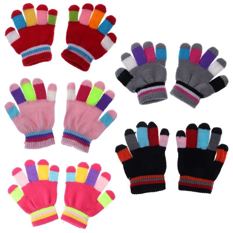 1 par børnehandsker fuldfinger varm vinter børn farverige stribe strikkede drenge piger solid handske flerfarvet elastik