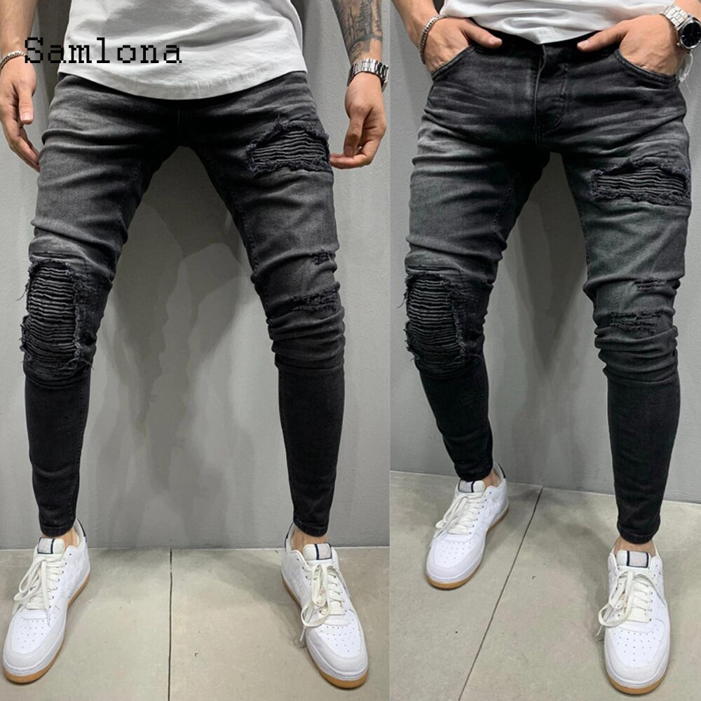 mager jeans herre denim bukse herre skrog revet bukser streetwear menn glidelås denim bukse blå hofte hopp blyantbukser: Svart / S