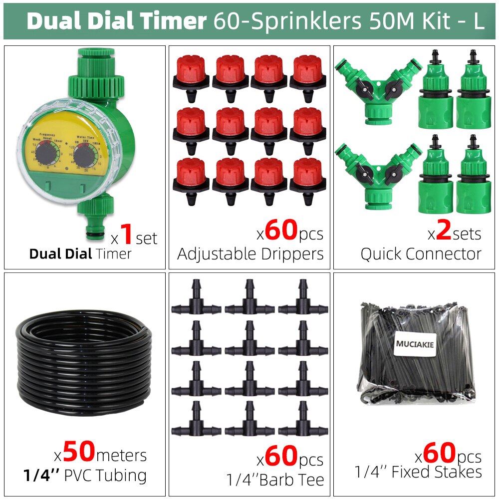 MUCIAKIE 10-50M Garden Irrigation System 1/4'' Automatic Drip Watering Brass Misting Spray 2-IN-1 Home Balcory Yard Greenhouse