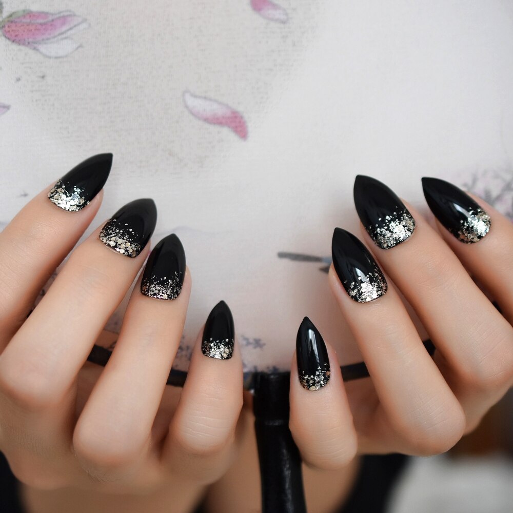 Gradiënt Clear Black Franse Pers Op Kunstnagels Tips Stiletto te Dragen Bling Zilveren Glitter Ovale Scherpe DIY Ontworpen nagels: L5054