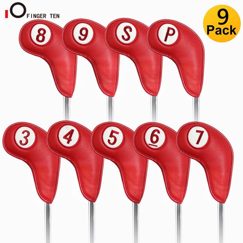 Upgrade Magnetic Golf Club Iron Covers Synthetic Leather Deluxe Wedge Iron Protective Headcover Set: 9 Pcs-Red