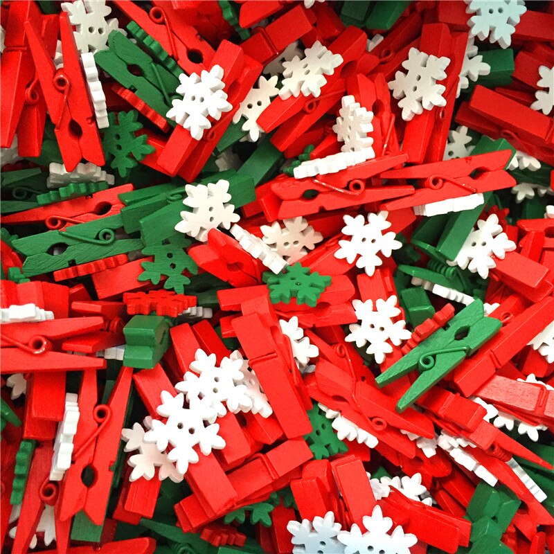 10Pc 3.5*0.7Cm Witte Sneeuw Hout Applique Clip Rood Groen Clip + Witte Bloem Kerst Decoratie wasknijper