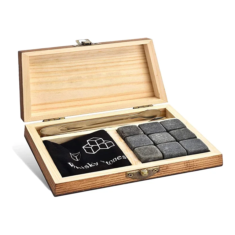 Home Bar Barware Whiskey Ice Wine Stone Sets 9pcs Granite Marble Iced Drink Stone Reusable Cooling Ice Cube with Wooden Box: Navy Blue