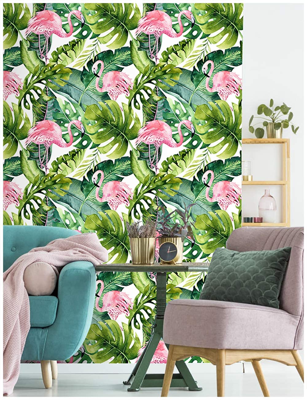 LUCKYYJ Flamingo Palm Tree Peel and Stick Wallpaper Removable Green/Pink Vinyl Self Adhesive Decorative Contact paper