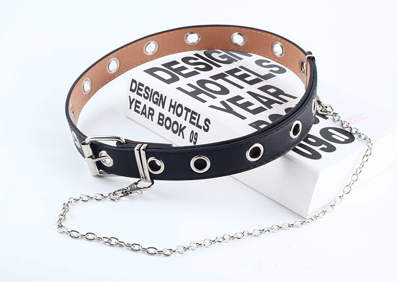Women Punk Chain Belt Adjustable Black Double/Single Eyelet Grommet Leather Buckle Belt: A