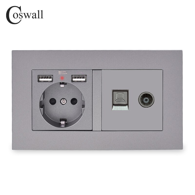 COSWALL EU Wall Socket Grounded With 2 USB Charge Port Hidden Soft Backlight + Female TV & CAT5E RJ45 Internet Outlet PC Panel: Grey