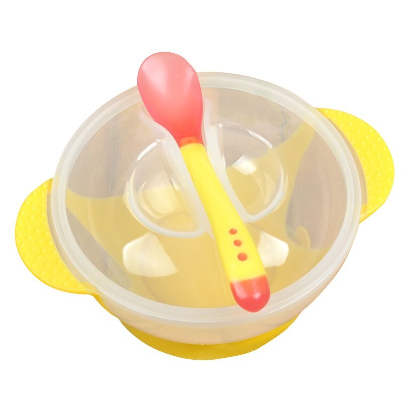 Peuter Baby Kids Feeding Baby Kinderen Servies Kom Plaat Training Lepel Binaural Deksel met Sucker: Geel