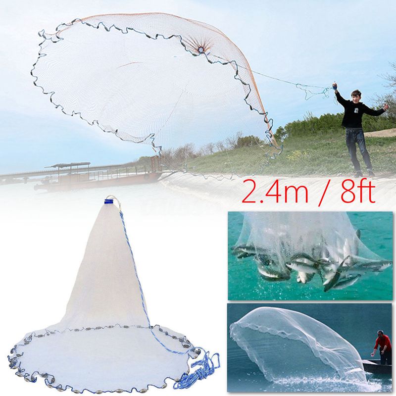 8Ft 2.4M filet de pêche appât facile jeter à la main moulé 3/4 pouces forte maille en Nylon + Sinker