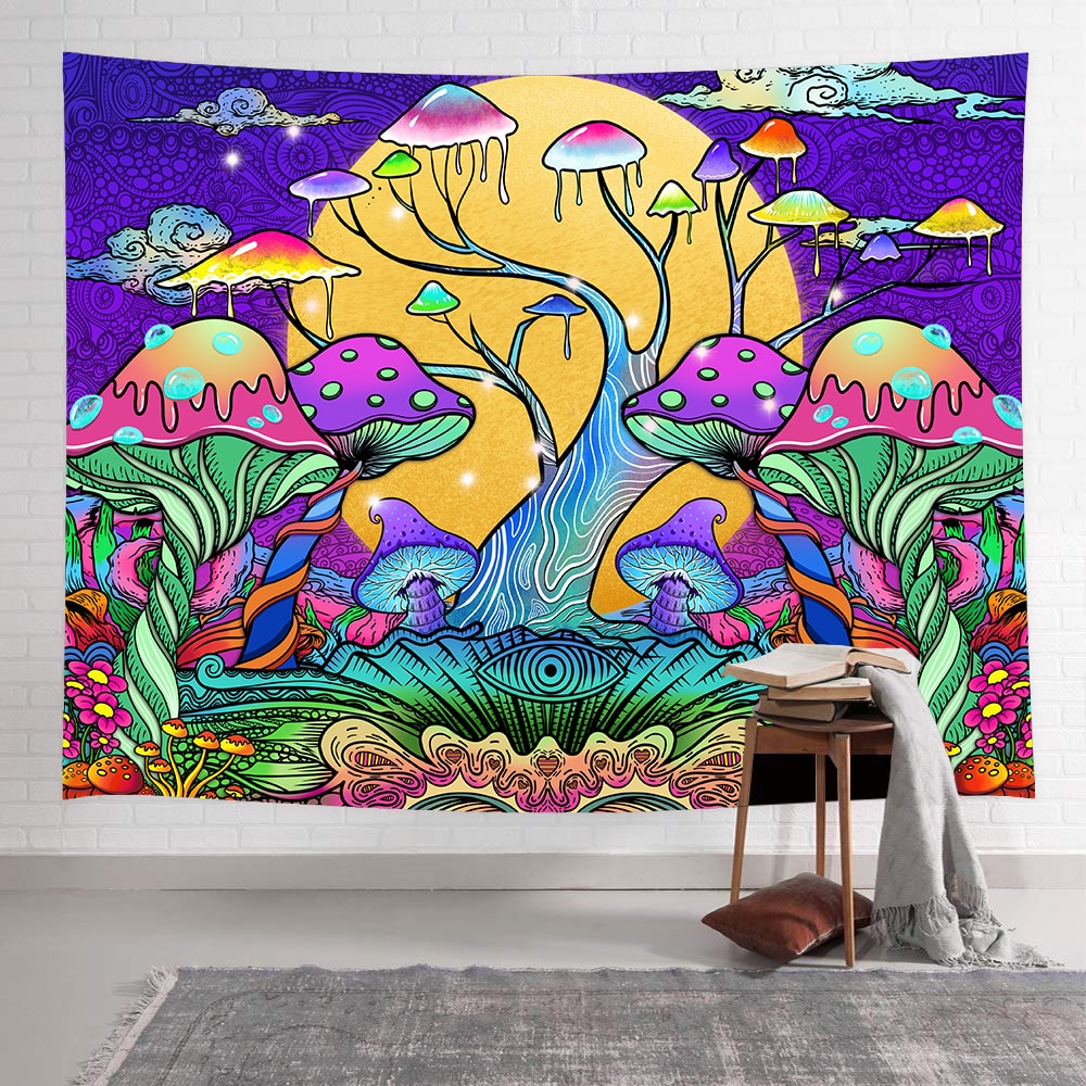 Simsant Psychedelic Mushroom Tree Tapestry Trippy Forest Sun Art Wall Hanging Tapestries for Living Room Bedroom Home Decor