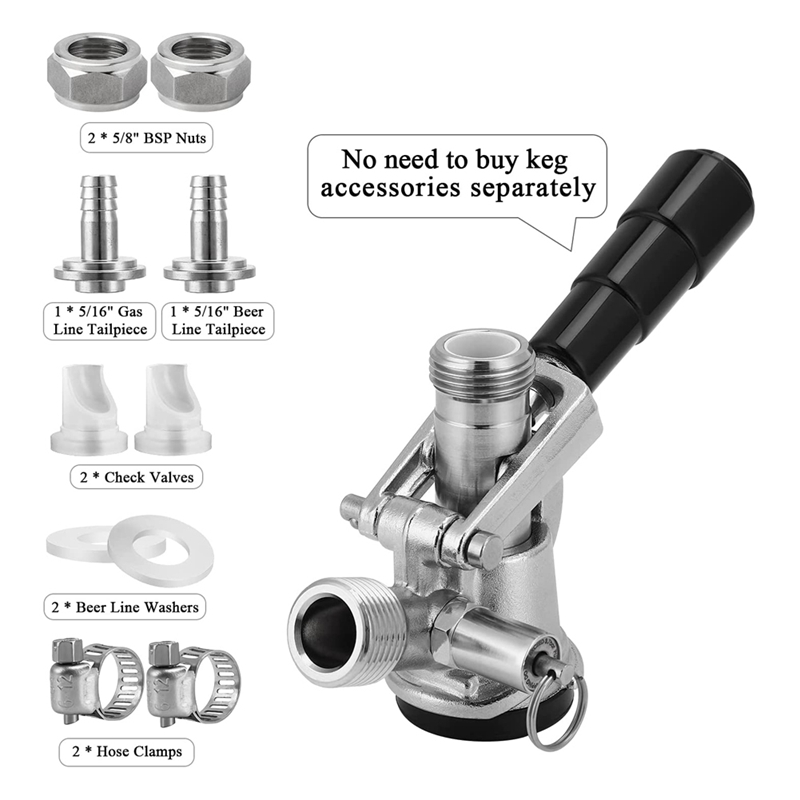 Beer Keg Coupler D System Sankey Coupler Keg Tap Stainless Steel Probe Chrome-Plated Body No-Leakage, Gas Check Valve