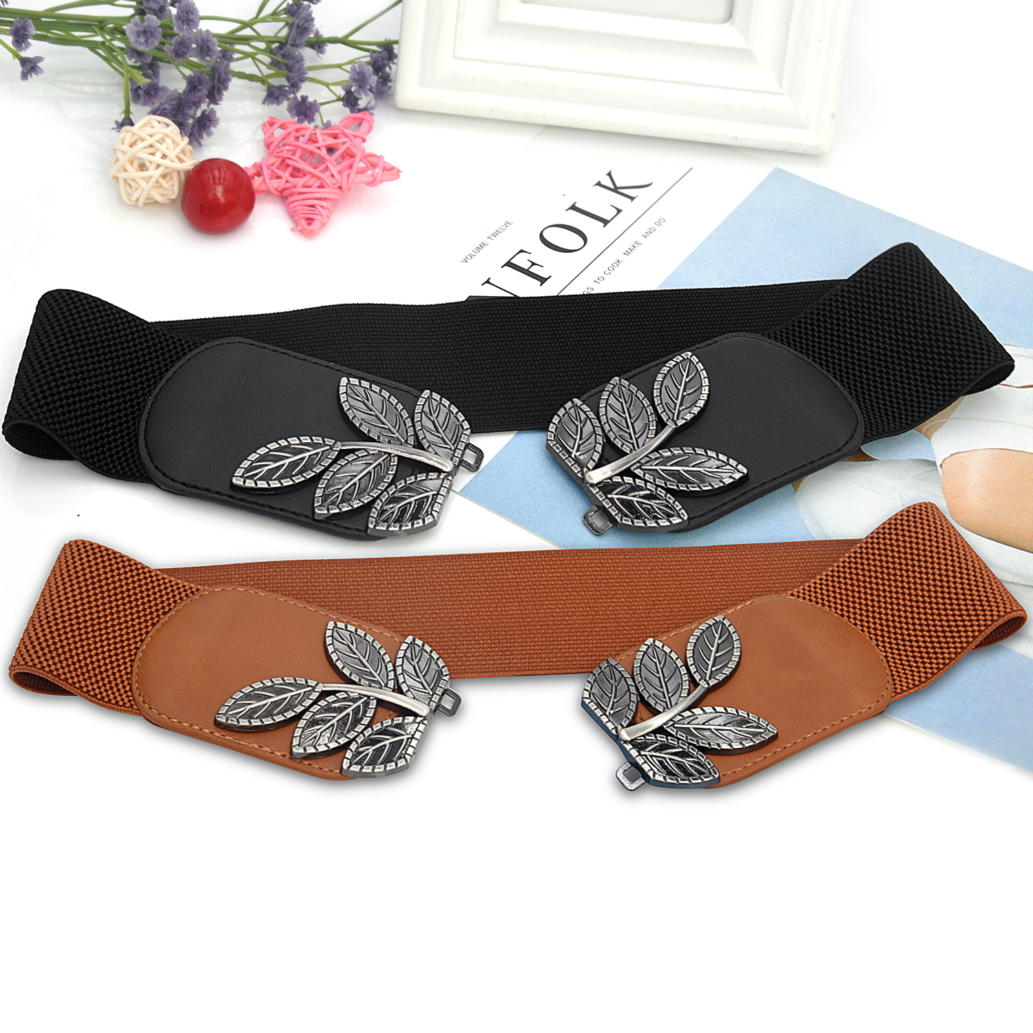 Cinture larghe con fibbia a foglia Vintage ▾ cintura elastica classica in vita tinta unita elegante cintura per cappotto per donna