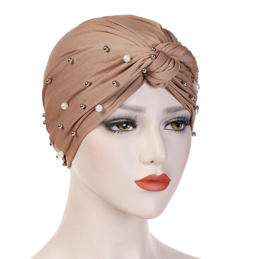 Turbante musulmán de ante para mujer, gorro con perlas de terciopelo, turbante indio, diadema para invierno: LightCoffee