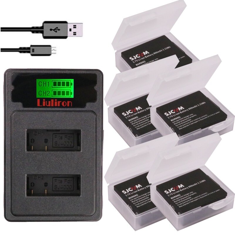 900mah SJCAM SJ4000 batería + cargador para SJCAM sj4000 sj 4000 SJ5000 6000, 7000 de 8000 sj9000 SJ cam M10 acción batería de cámara: charger and 5battery