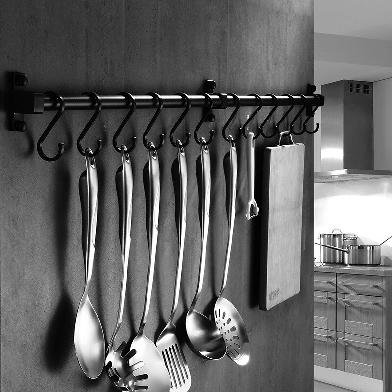Matt black kitchen hook rack storage cabinet kitchen rack American space aluminum bathroom storage device kitchen utensils tool