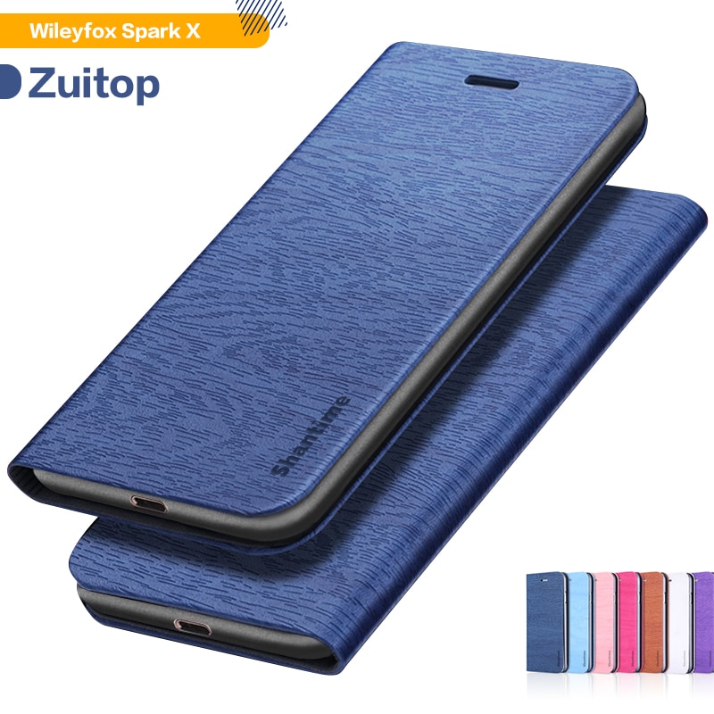 Funda de teléfono de cuero de poliuretano de grano de madera para Wileyfox Spark X, funda con tapa para Wileyfox Spark X, funda de negocios, funda trasera de silicona suave